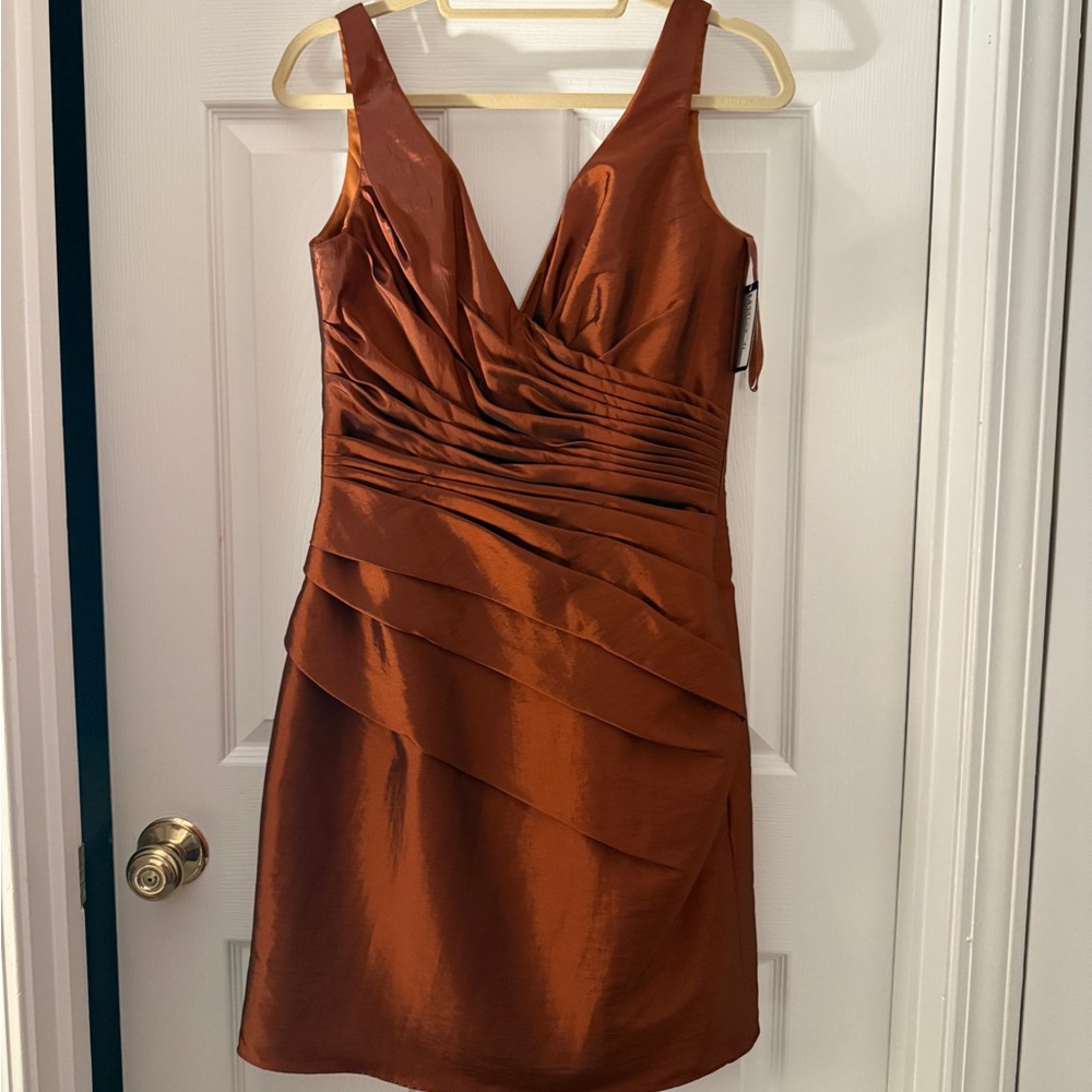 Sleeveless Copper Satin Mini Dress with Draped Waist